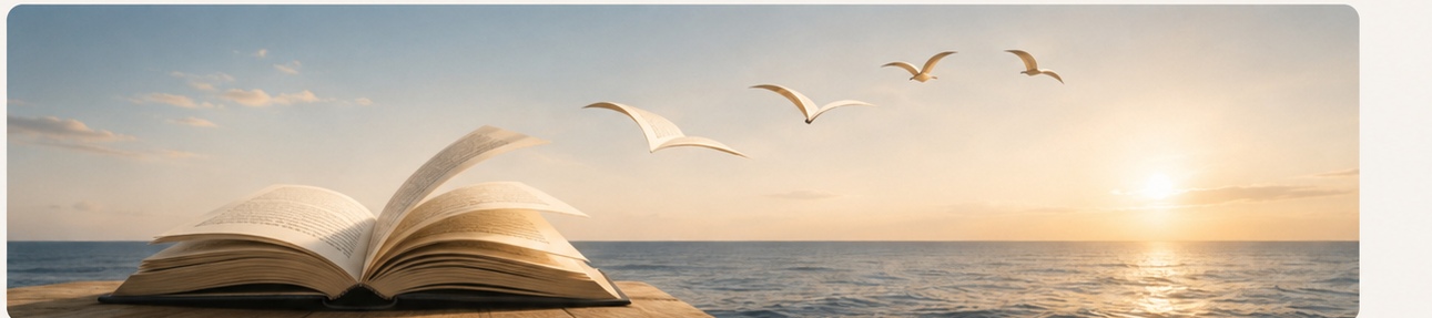 Livre ouvert dont les pages deviennent des oiseaux au-dessus de la mer